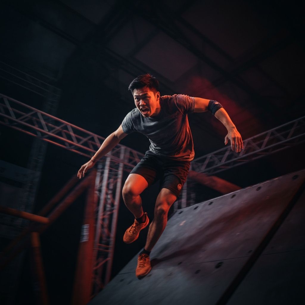 Ninja warrior athlete racing on an obstacle course